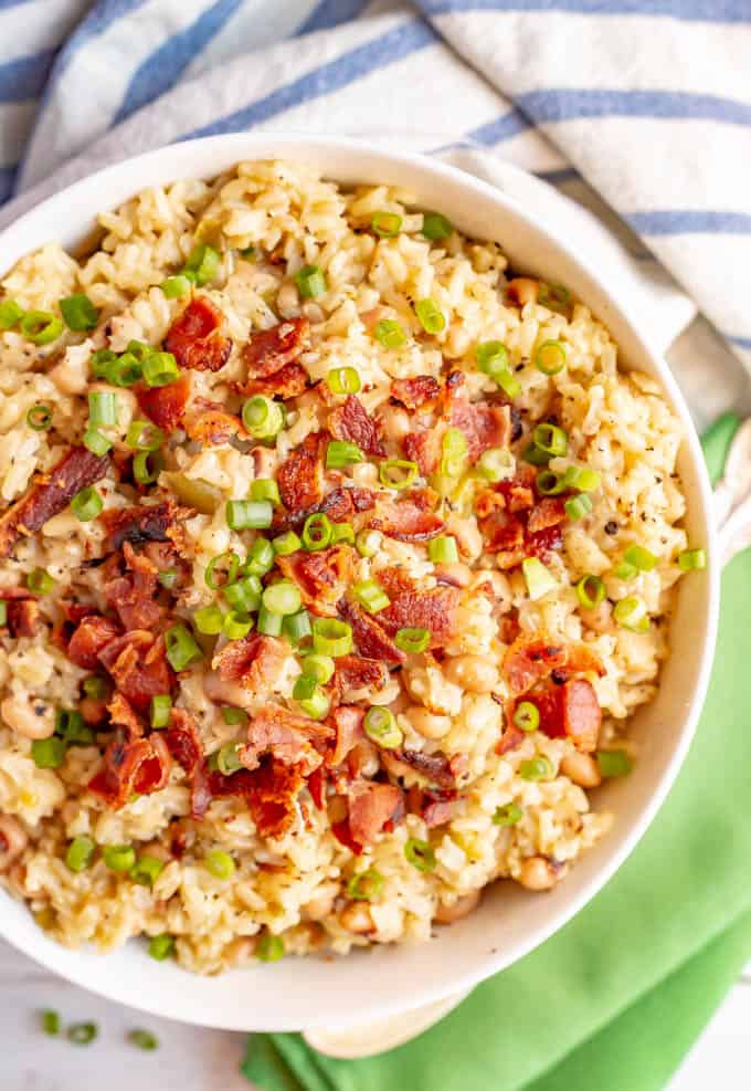 This one-pot Hoppin’ John is an easier version of the classic Southern dish, using canned black-eyed peas for a faster recipe that still has all the delicious flavors!