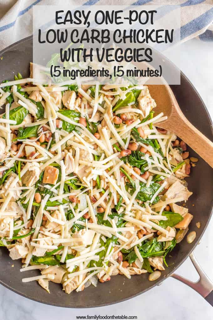One-pot low-carb leftover chicken recipe with spinach and beans is just 5 ingredients and 15 minutes and perfect for an easy weeknight dinner! #onepotmeals #easychickendinner #lowcarbdinner