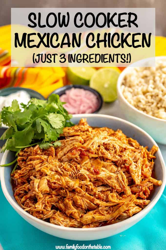 Slow cooker Mexican shredded chicken is just 3 easy ingredients and minutes to prep, but has such delicious flavor! Use it for tacos, nachos, grain bowls, sliders, salads and more! #slowcooker #shreddedchicken #easychickenrecipes #crockpot #mexicanchicken