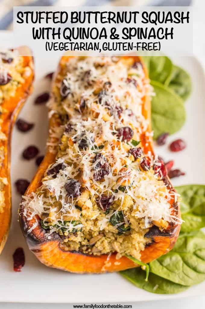 These stuffed butternut squash with quinoa, mushrooms and spinach are a gluten-free and vegetarian dish that’s hearty and filling and full of flavor! #stuffedsquash #butternutsquash #vegetarian #glutenfreerecipes