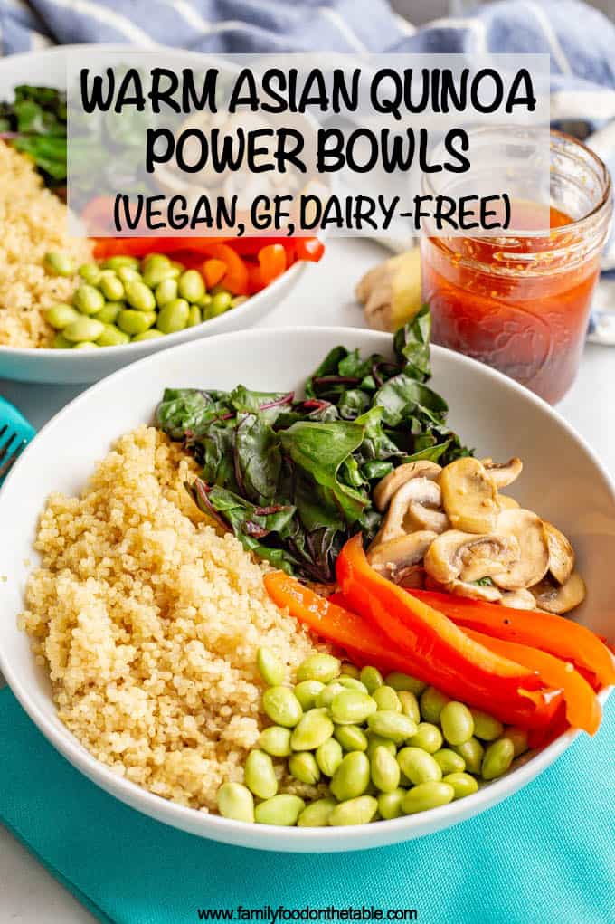 Warm Asian quinoa power bowls are full of wholesome, colorful and delicious veggies and finished off with an easy, but addictive, soy ginger dressing. Vegan, gluten-free and dairy-free. #veganrecipes #meatlessMonday #vegetariandinner #quinoa #quinoabowl