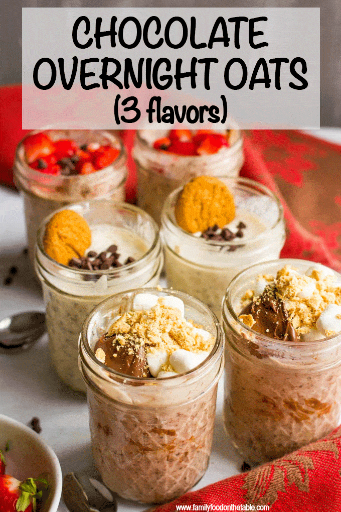 Try 3 different kinds of chocolate overnight oats: brownie batter, oatmeal chocolate chip cookie and s’mores! These jars are perfect for a sweet morning treat or a late-night snack! (GF) #overnightoats #oatmeal #oatmealjars #glutenfreerecipes #makeaheadbreakfast #mealprep