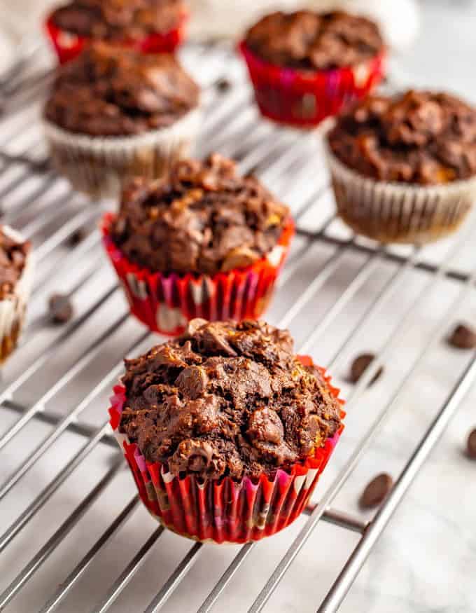 Double chocolate banana muffins are moist, full of melty chocolate chips and perfect for snacking! They’re also whole wheat and naturally sweetened, with no added sugar. #muffins #chocolatelover #bananachocolate #ripebananas