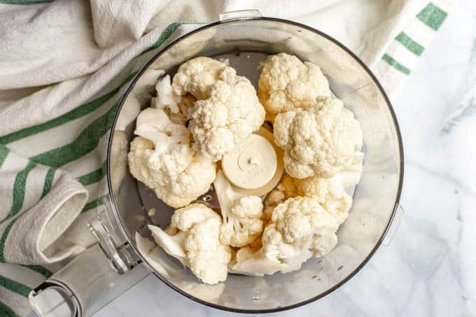 Cauliflower florets in a food processor