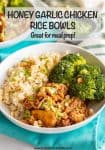 A bowl of shredded honey garlic chicken with rice and broccoli.