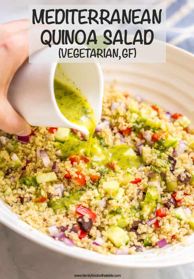 Mediterranean quinoa salad is a flavorful, veggie-loaded salad with great colors, flavors and textures! Great as a vegetarian side dish or add chicken or chickpeas to make it a full meal! #quinoa #saladlove #vegetarianrecipes #glutenfreerecipes #glutenfreefood #healthysalads