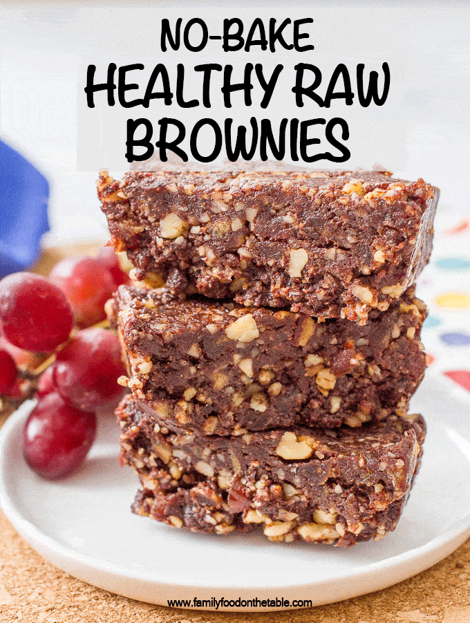Raw date brownies require just 5 ingredients and 10 minutes for a healthier treat that’s perfect as an afternoon snack or on-the-go energy bar! #brownies #chocolate #healthysnack #granolabar #nobake