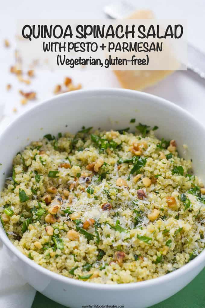 This light, flavorful quinoa spinach salad with pesto and nuts makes an easy weeknight side dish or lovely vegetarian lunch! #quinoasalad #pesto #healthyrecipes #vegetarianrecipes