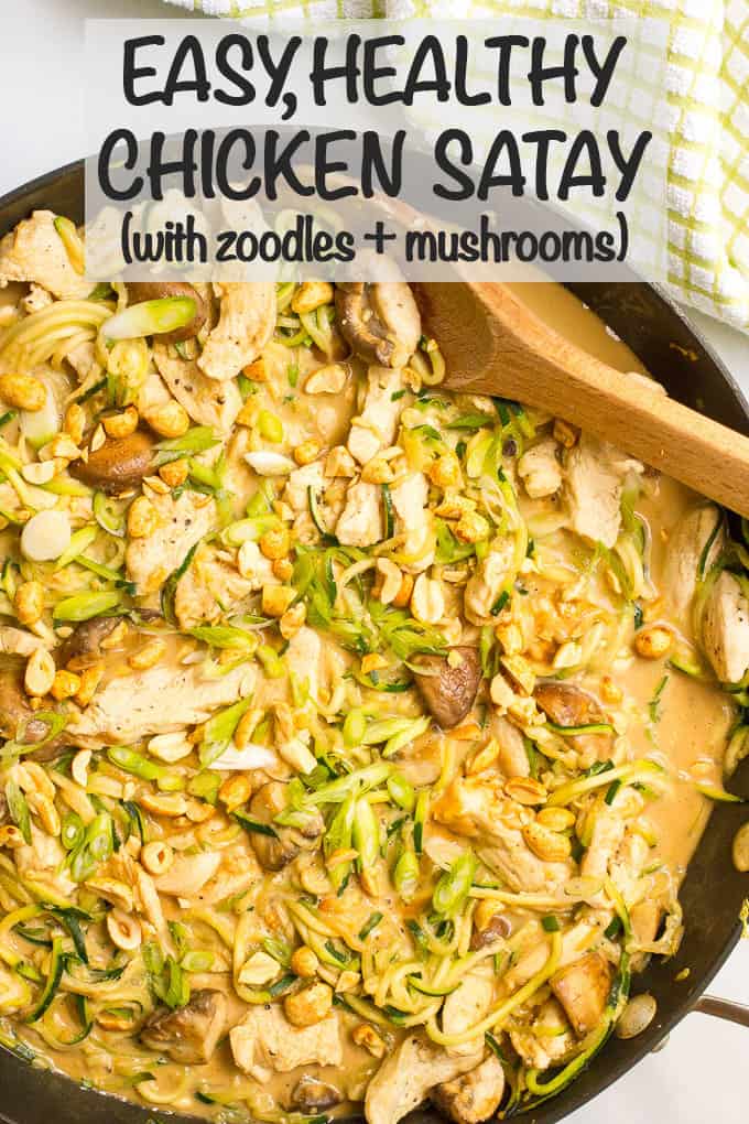 Easy chicken satay with zucchini noodles, mushrooms and an addictive peanut sauce is a crave-worthy one-pot 30-minute healthy dinner! #chickensatay #chickenrecipes #healthychicken #spiralizer #zoodles