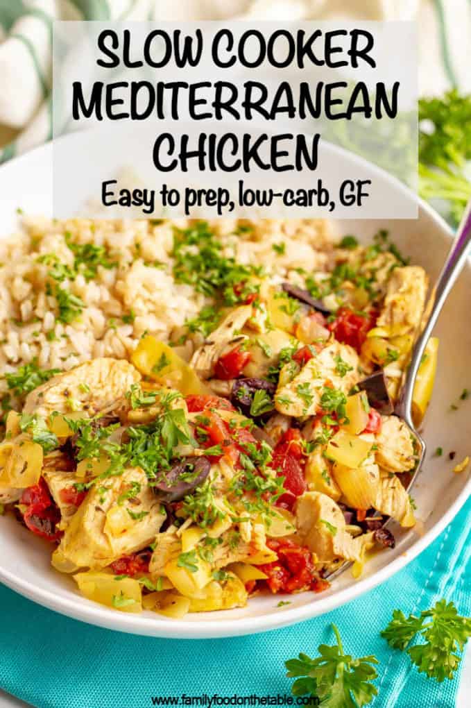 Slow cooker Mediterranean chicken is quick and easy to prep and bursting with bright, healthy flavors. This meal is loaded with tomatoes, artichokes and olives and goes great with rice or couscous. #slowcooker #chickendinner #easychickenrecipes #mediterraneanchicken
