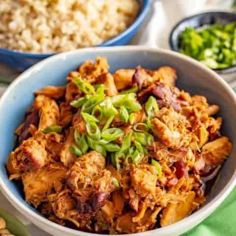 Crock pot honey garlic chicken served in a bowl with green onions sprinkled on top