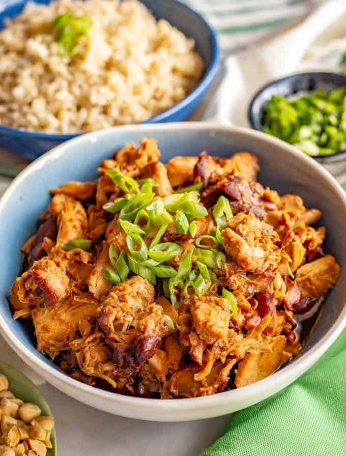 Crock pot honey garlic chicken served in a bowl with green onions sprinkled on top