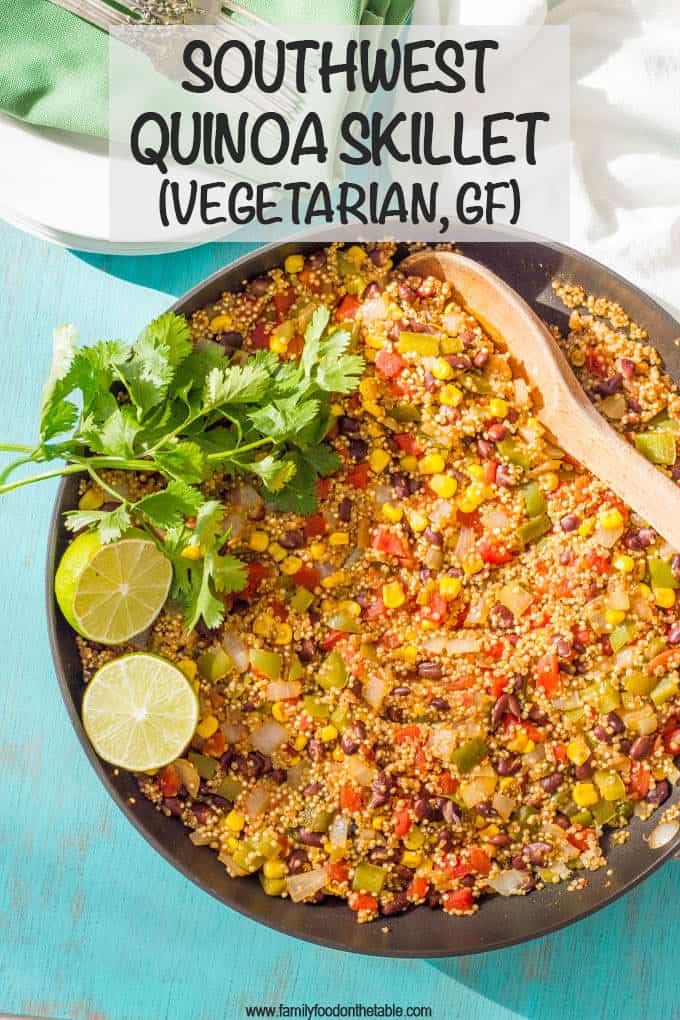 Southwest vegetarian quinoa skillet is a quick and easy one-pan dinner recipe that’s healthy but very filling and perfect for meatless Monday! #quinoa #vegetarianrecipes #meatlessMonday #easydinner