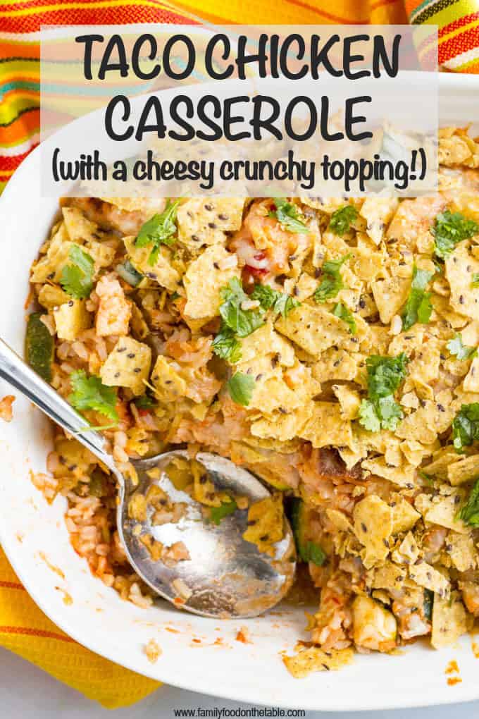 Healthy chicken taco casserole with brown rice and veggies is an easy weeknight dinner with a cheese and crunchy tortilla chip topping! #tacos #tacocasserole #chickentacos #taconight #healthycasserole