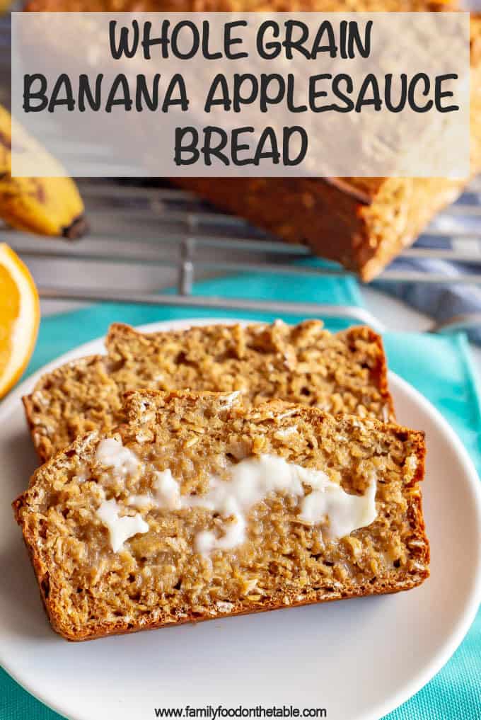 Whole grain banana applesauce bread is naturally sweetened and made without butter or oil. This easy, light and wholesome bread is perfect for a healthy breakfast or snack. #bananabread #healthybaking #healthybreakfast