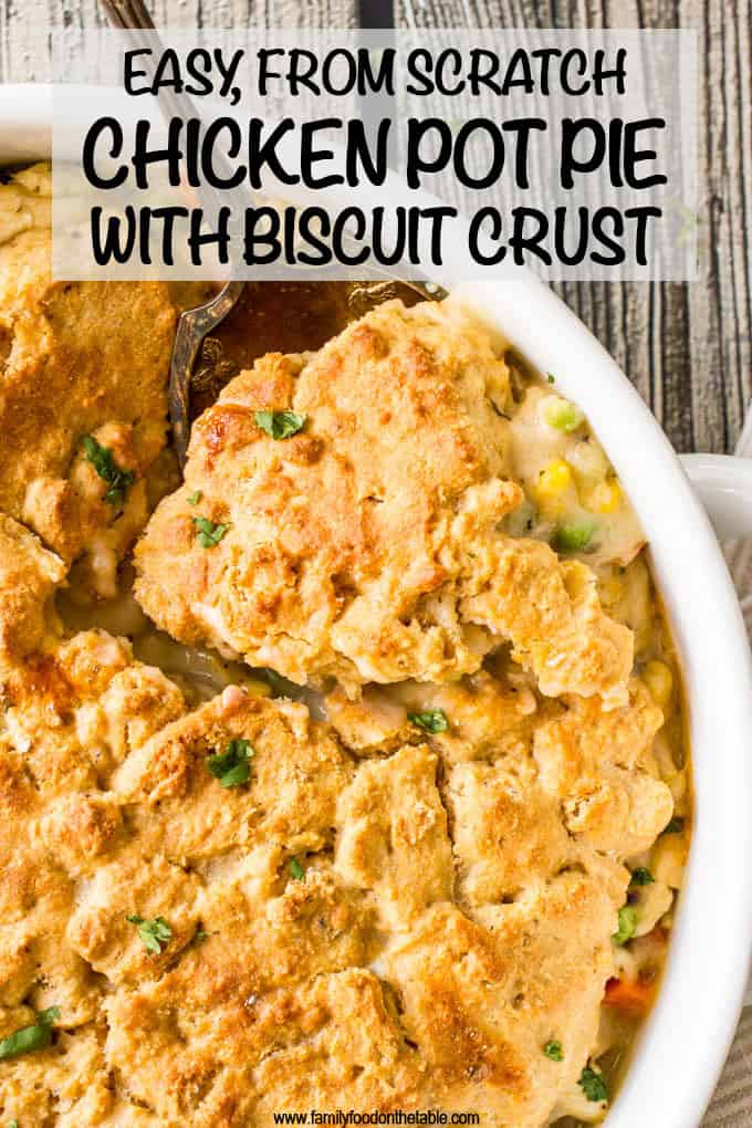 Easy healthy chicken pot pie with biscuit top is a comfort food favorite with a creamy, lightened up chicken + veggie mixture covered in an easy homemade gravy and finished with a homemade drop biscuit crust! #chickenpotpie #chickenrecipes #comfortfood
