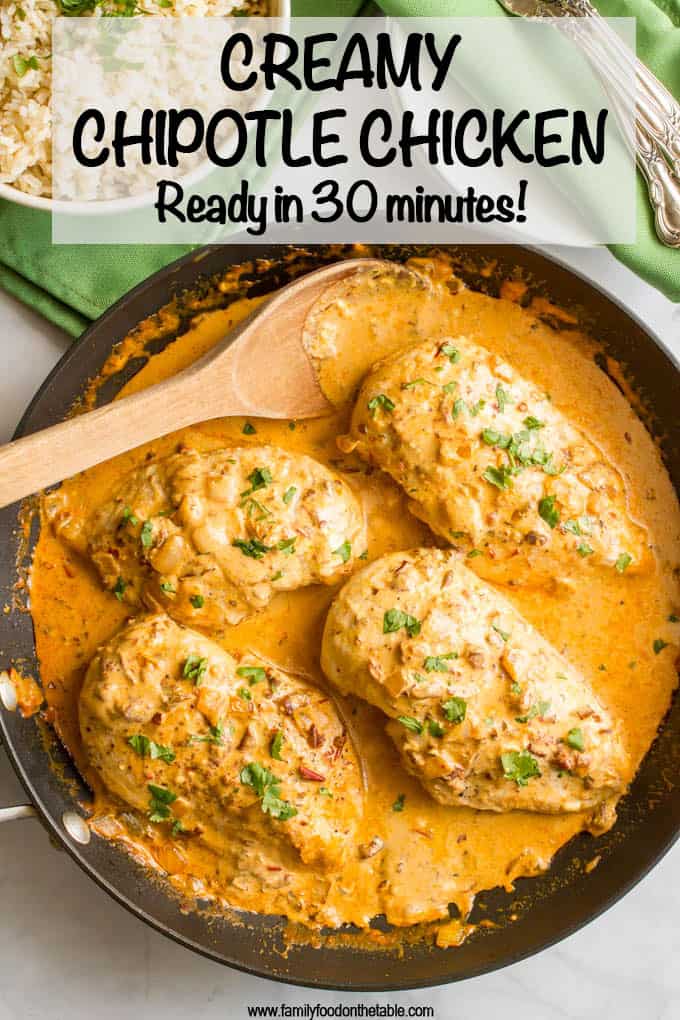 Creamy chipotle chicken is a simple but super flavorful 30-minute dinner with a delicious smoky chipotle cream sauce - that’s healthy! Serve over rice to soak up the extra sauce! #easychickenrecipes #chickendinner #creamychicken #30minutemeals