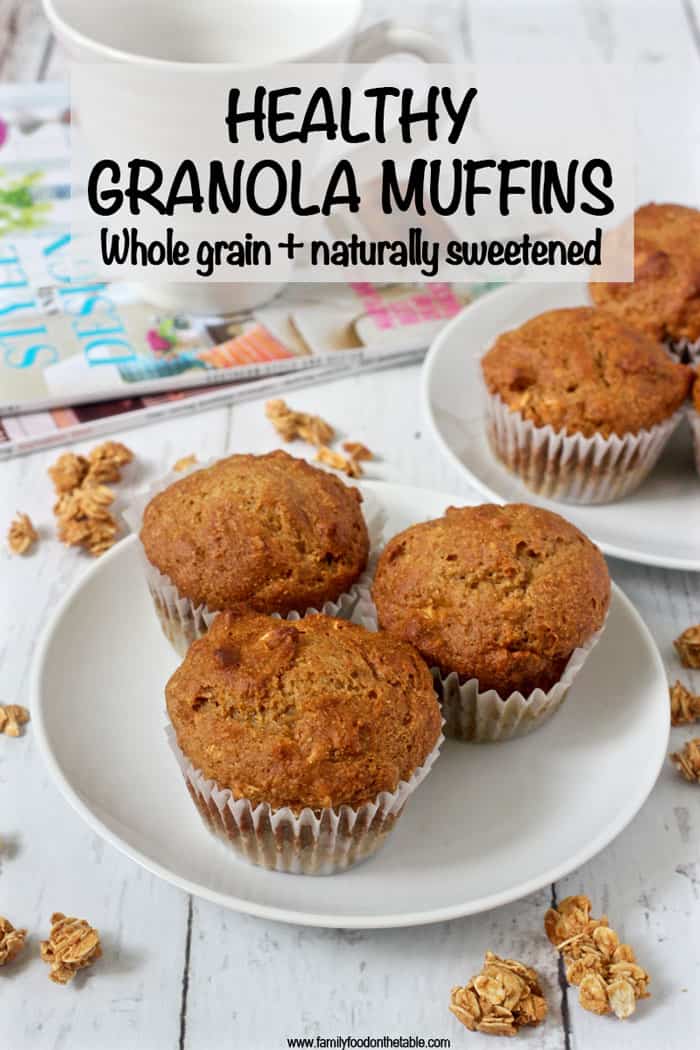 These healthy granola muffins are 100% whole grain, naturally sweetened with no added sugar and make a perfect portable breakfast or healthy afternoon snack! #granola #muffins #healthysnacks #workoutsnacks