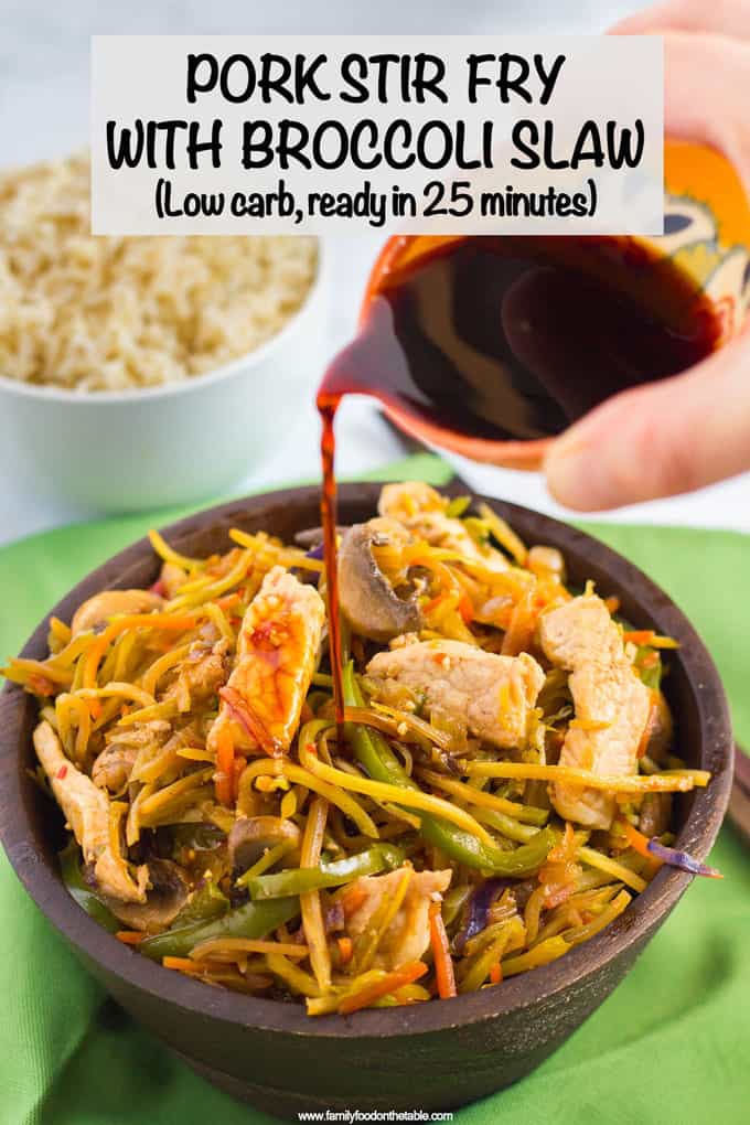 This veggie-packed pork stir fry with broccoli slaw is ready in just 25 minutes for a fast, healthy, low-carb dinner! #stirfry #porkrecipes #easydinner #lowcarbrecipes