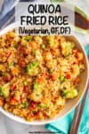 This vegetarian quinoa fried rice is quick and easy to make and loaded with fluffy quinoa and tender veggies. This 20-minute recipe is perfect for a meatless weeknight dinner! #friedrice #quinoa #vegetarianrecipes #easyvegetariandinners