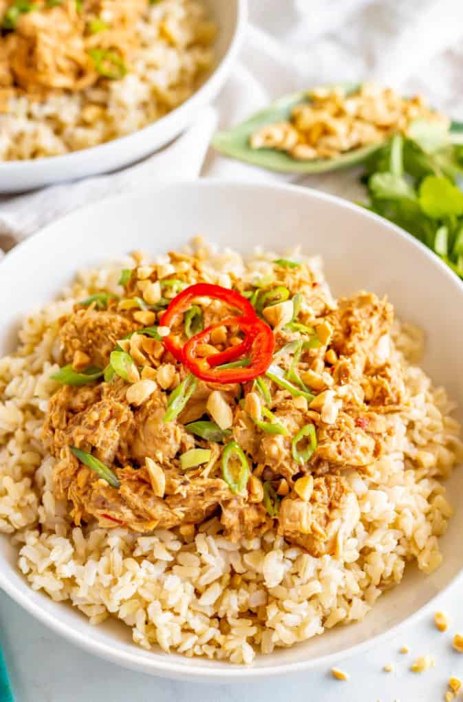 Shredded peanut chicken served on tpo of rice with sliced green onions on top.