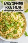A white bowl full of a brown rice pilaf with asparagus, peas, pine nuts and fresh basil and a sprinkling of Parmesan on top.