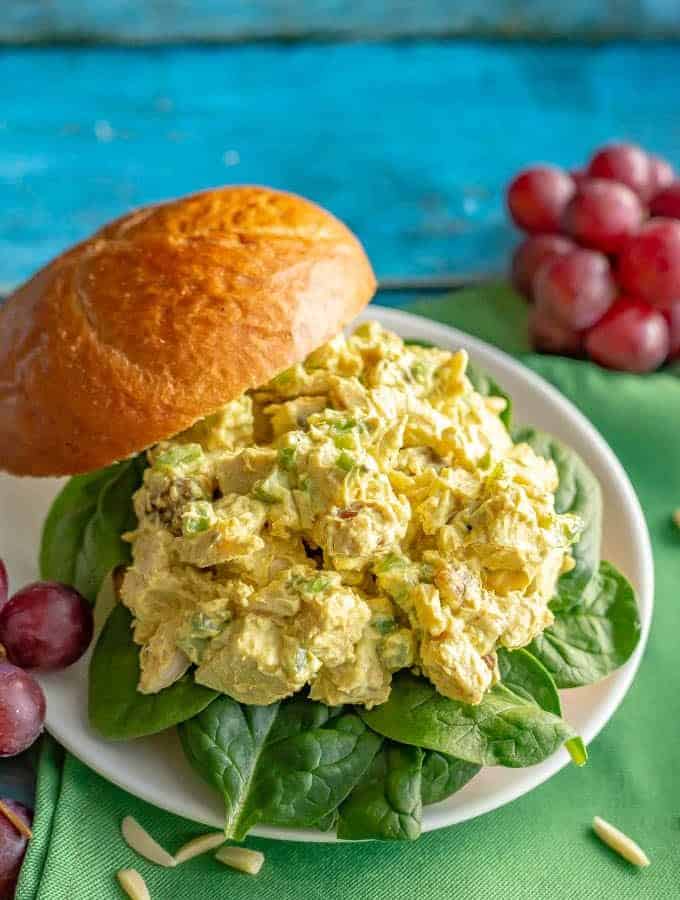 Healthy curry chicken salad is perfectly creamy with just the right level of spice and sweetness. Serve as a sandwich, wrap, salad or with crackers for a delicious, healthy lunch! #chickensalad #curry #healthylunch #chickenrecipes #mealprep