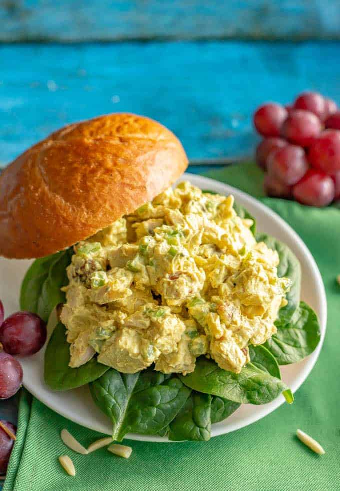 Healthy curry chicken salad is perfectly creamy with just the right level of spice and sweetness. Serve as a sandwich, wrap, salad or with crackers for a delicious, healthy lunch! #chickensalad #curry #healthylunch #chickenrecipes #mealprep