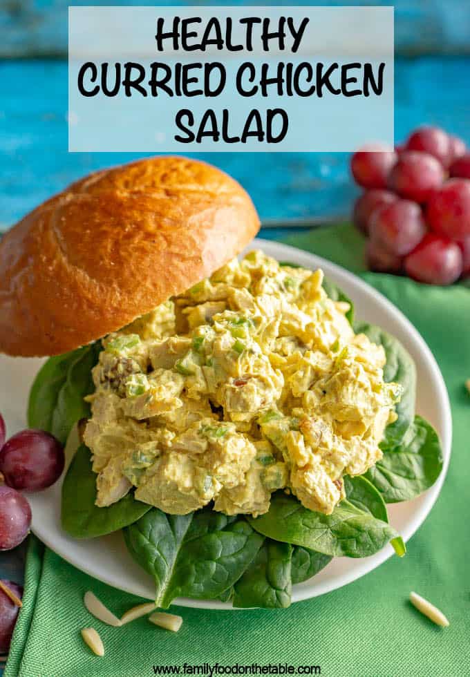 Healthy curry chicken salad is perfectly creamy with just the right level of spice and sweetness. Serve as a sandwich, wrap, salad or with crackers for a delicious, healthy lunch! #chickensalad #curry #healthylunch #chickenrecipes #mealprep