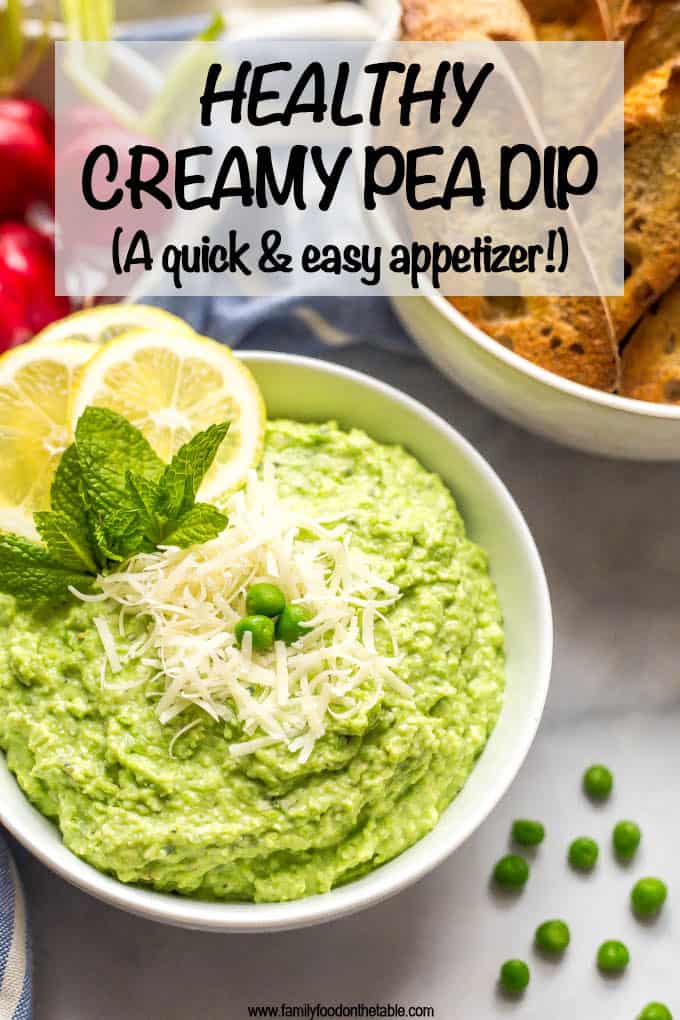 This healthy pea dip is a quick and easy recipe that makes for a pretty appetizer at parties. This creamy dip features ricotta and Parmesan cheese and goes great with baguette slices, water crackers or fresh veggies. #healthyappetizer #veggieappetizer #greenfood #peas