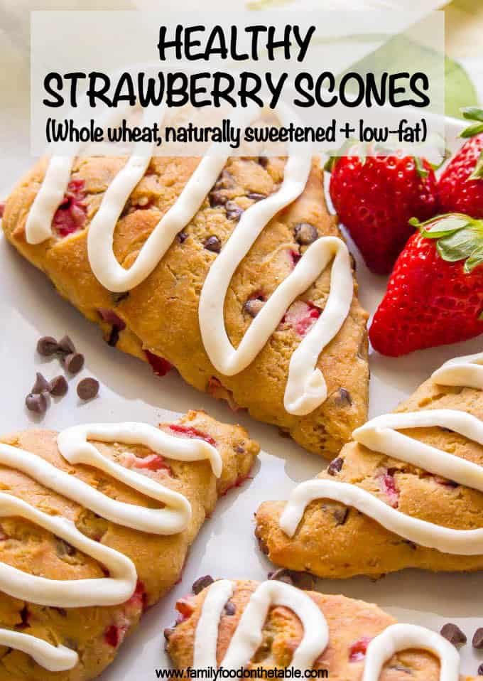 These healthy strawberry scones are whole wheat, naturally sweetened, low in fat and perfect for breakfast or brunch! You can add in some optional mini chocolate chips and/or serve with any of my glaze topping ideas for an extra special treat! #strawberryrecipes #scones #brunchrecipes