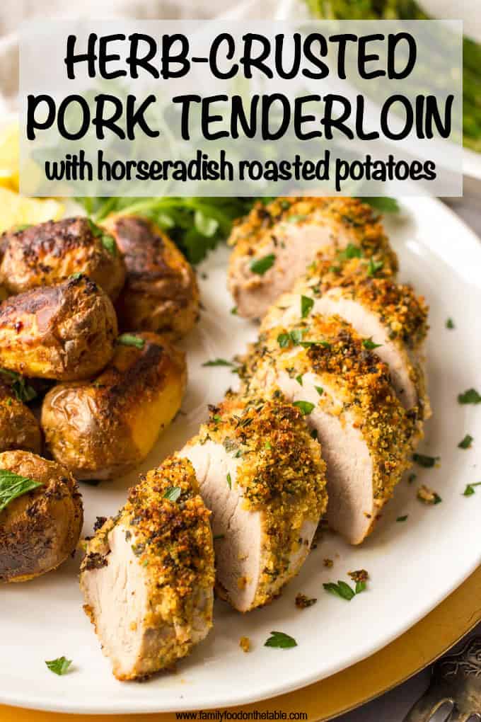 Herb roasted pork tenderloin with potatoes is an easy but elegant sheet pan dinner with tons of flavor! Great for company or a special occasion! #porktenderloin #porkdinner #roastedpork