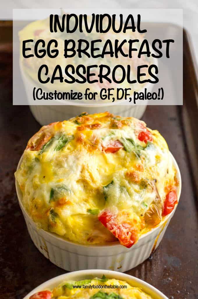 Individual breakfast casseroles with eggs, bread, veggies and cheese are made in ramekins and can be customized to suit everyone’s tastes - great for a crowd! #breakfastcasserole #brunchrecipes #holidaybreakfast