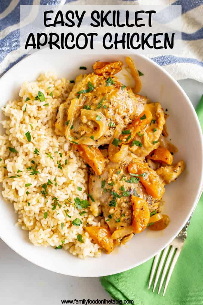 Skillet apricot chicken is an easy, 30-minute recipe using chicken thighs and dried apricots for a delicious dinner with big, fresh flavors and a creamy, dreamy sauce. #easychickenrecipes #chickendinner #apricots #chickenthighs
