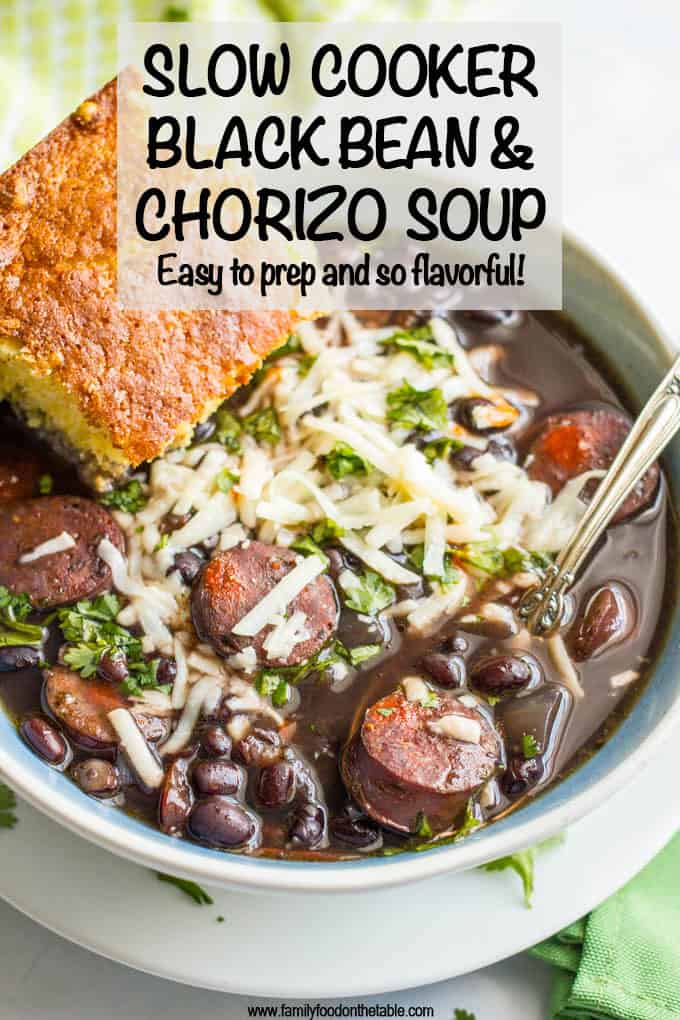 Slow cooker black bean chorizo soup is an easy-to-prep dinner recipe with deep, rich flavors. Perfect for a cozy night in! #chorizo #blackbeansoup #slowcooker #slowcookersoup #crockpot