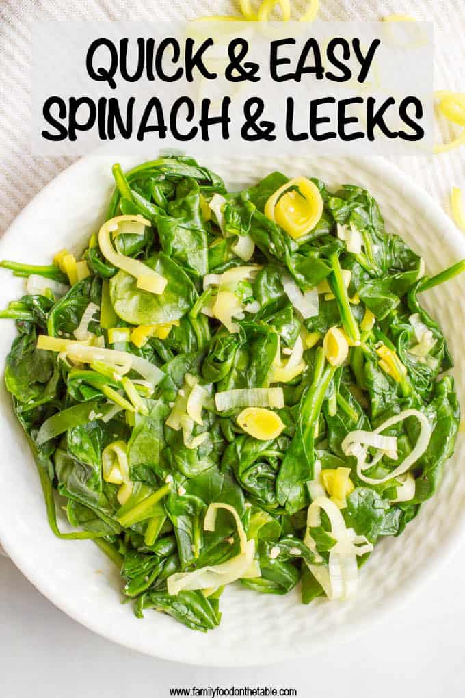 Sautéed spinach and leeks is a quick + easy, healthy side dish with simple ingredients and delicious flavor! #spinach #leeks #sidedishes #veggierecipes