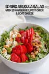This baby arugula salad with strawberries, pistachios, goat cheese and an easy homemade balsamic vinaigrette is perfect for a fresh and healthy spring or summer salad! #arugula #saladrecipes #healthysalads