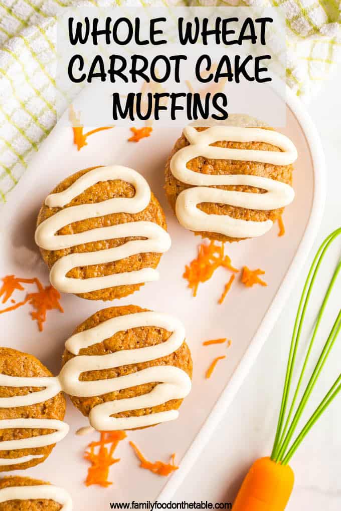 Whole wheat carrot cake muffins are fun for a healthy breakfast, snack or school lunch. Naturally sweetened and loaded with shredded carrots, these muffins are great on their own or with a light cream cheese frosting. #healthymuffins #wholewheatmuffins #healthybreakfast #carrotcake