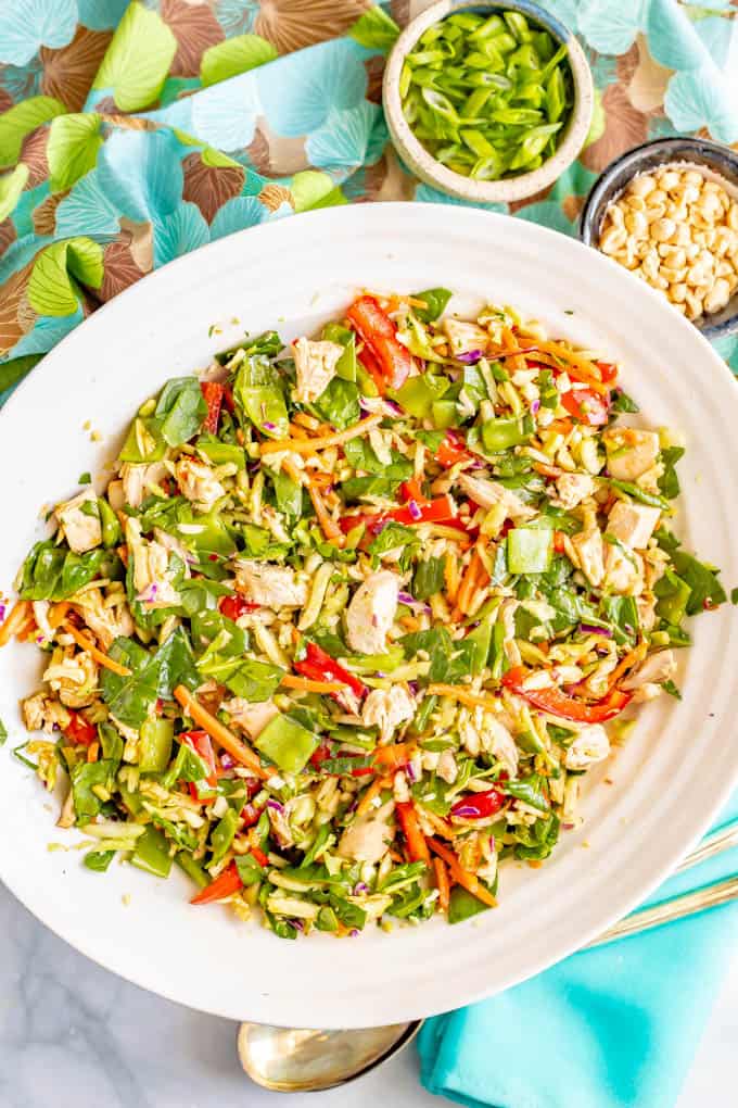 Broccoli slaw chicken salad with soy-ginger dressing is full of fresh veggies and is crazy crunchy! It’s a great salad to meal prep for a healthy lunch! #broccolislaw #salads #healthylunch