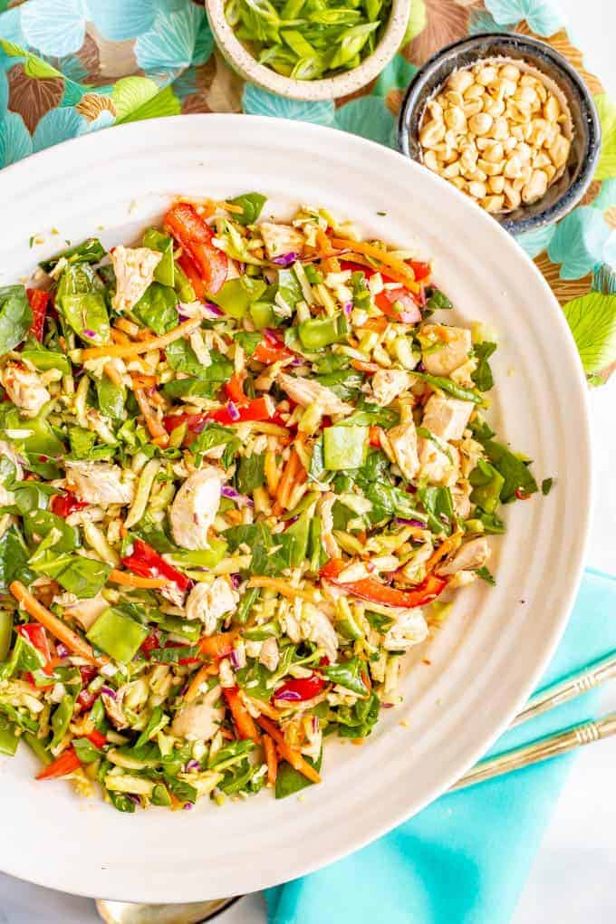 Broccoli slaw salad with chicken and soy-ginger dressing is full of fresh veggies and is crazy crunchy! It’s a great salad to meal prep for a healthy lunch! #broccolislaw #salads #healthylunch