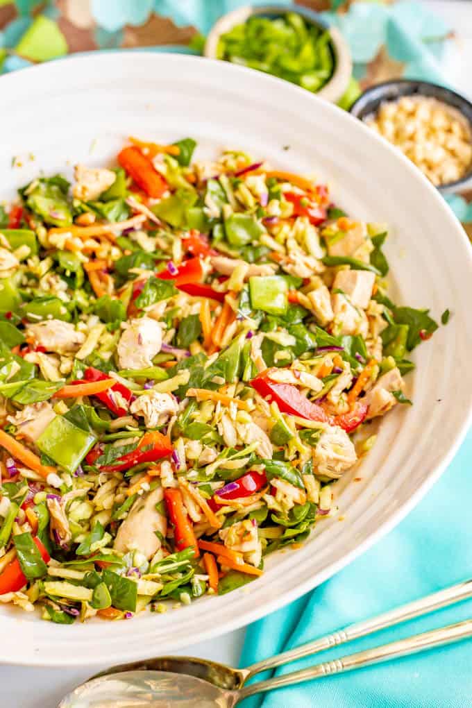 Broccoli slaw chicken salad with soy-ginger dressing is full of fresh veggies and is crazy crunchy! It’s a great salad to meal prep for a healthy lunch! #broccolislaw #salads #healthylunch