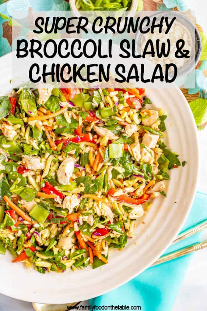 Broccoli slaw chicken salad with soy-ginger dressing is full of fresh veggies and is crazy crunchy! It’s a great salad to meal prep for a healthy lunch! #broccolislaw #salads #healthylunch