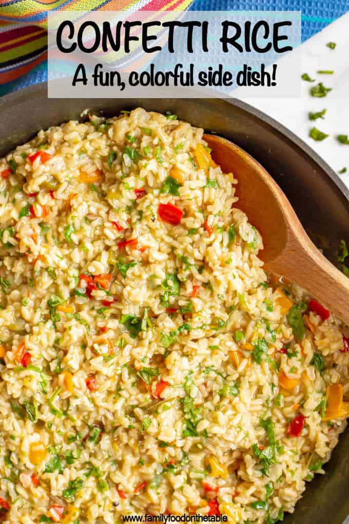 Confetti rice is a fun mix of fluffy brown rice and colorful bell peppers that’s great as a side dish or for tacos or grain bowls. Add your favorite toppings and enjoy! #rice #sidedish #easyrecipe #healthyrecipes