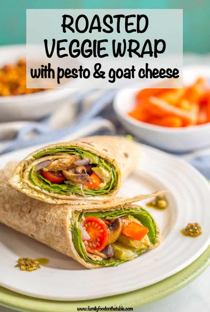 This roasted veggie wrap with pesto and goat cheese is the ultimate in lunchtime satisfaction! This vegetarian wrap can be prepped ahead and reheated and can also be customized to include your favorite vegetables! #veggiewrap #veggielunch #healthylunch
