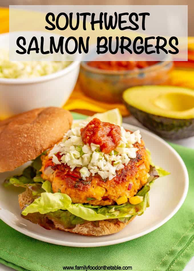 Southwest salmon burgers are full of fun mix-ins and tasty seasonings plus have lots of great topping options too! Great for a delicious, healthy burger at lunch or dinner. #salmon #seafood #burgers