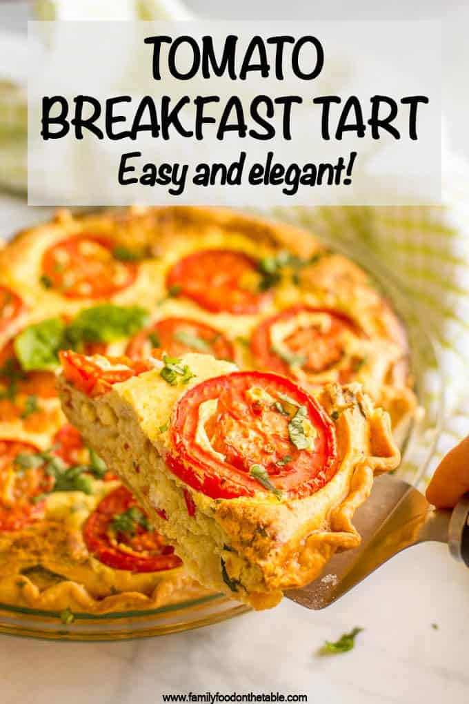 This easy tomato breakfast tart with basil + two cheeses has sliced tomatoes on top for a unique and beautiful brunch presentation - a great recipe for company (and Mother's Day!) #tomatoes #breakfasttart #brunchrecipes #brunch