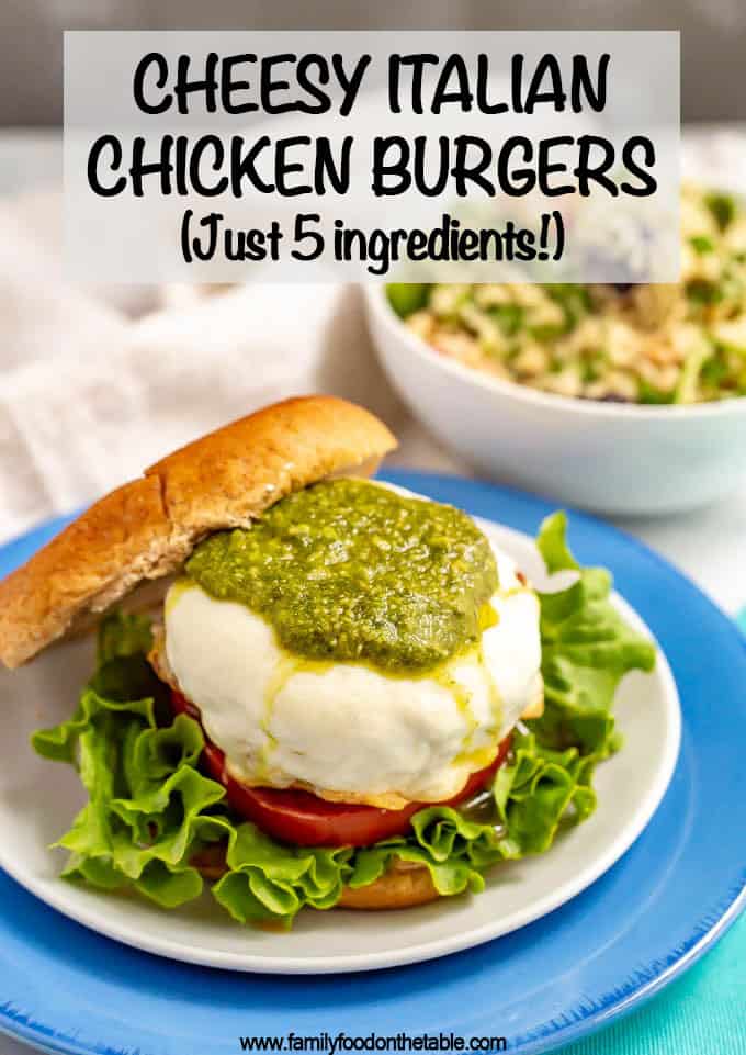 Photo and text of a pesto and mozzarella Italian chicken burger served on a bun