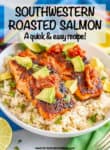 A white bowl of steamed rice topped with two filets of southwest baked salmon topped with salsa and diced avocado.