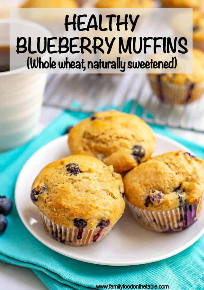 Healthy blueberry muffins are so light and fluffy and bursting with juicy blueberries! These muffins are whole wheat, naturally sweetened and perfect for a yummy, healthy breakfast! #breakfast #muffins #blueberries #blueberrymuffins