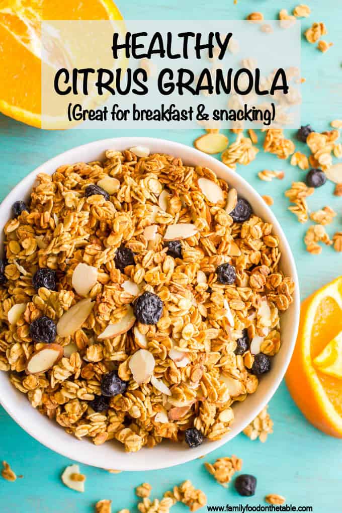 Healthy citrus granola is lightened up and full of orange flavor for a fresh, fruity granola that’s great for breakfast or snacking! #granola #breakfast #healthysnacks